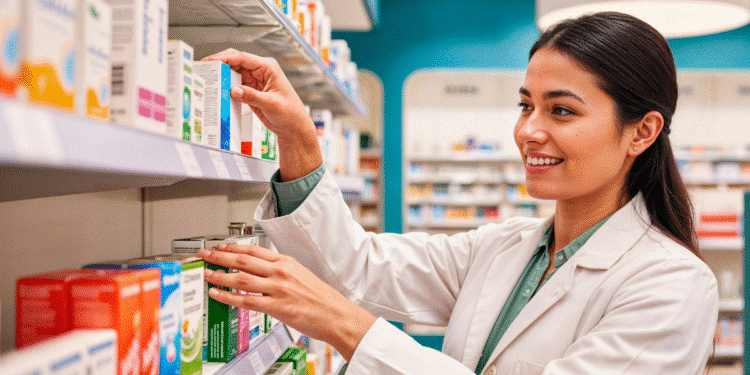 Mulher farmacêutica sorridente organizando caixas de medicamentos em prateleira de farmácia