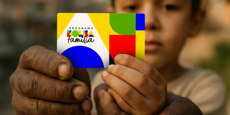 Cartão do Programa Bolsa Família 2026 sendo segurado por uma criança, com fundo colorido e formas geométricas.