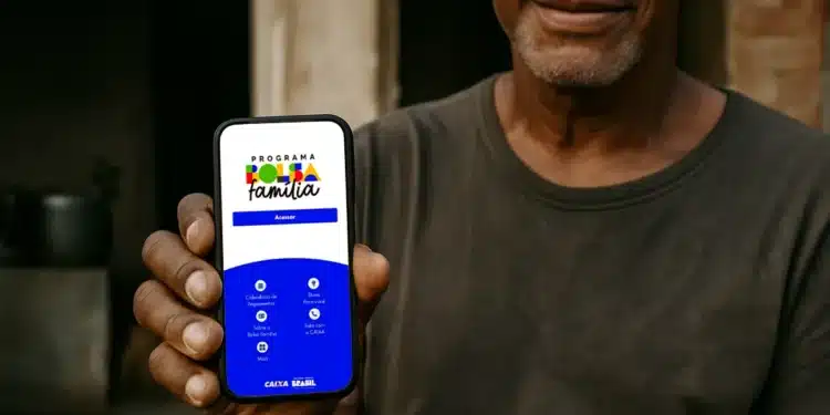 Homem segurando smartphone exibindo tela do Programa Bolsa Família, com logo e opções de menu em aplicativo