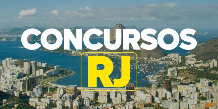 Vista aérea da cidade do Rio de Janeiro com texto concursos RJ em destaque