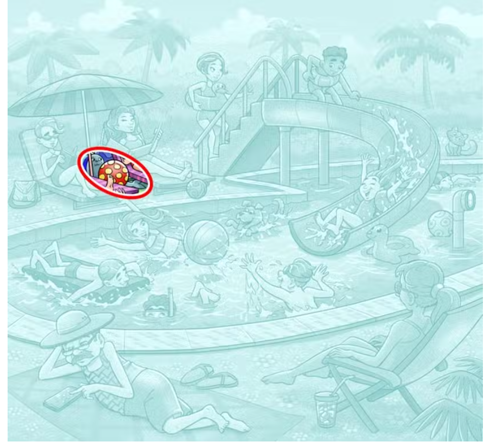 Desafio Visual Imagem em preto e branco de piscina com pessoas e destaque em brinquedo colorido oval na beira da piscina.