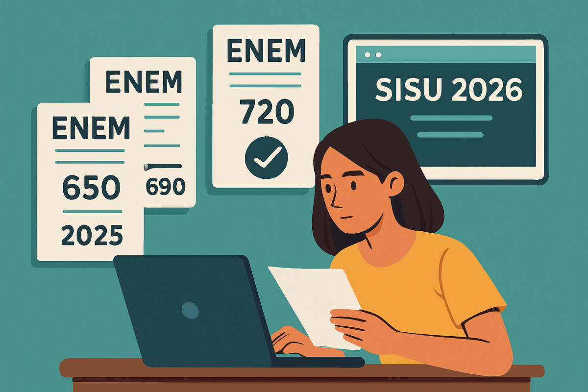 Consulta de notas do ENEM para inscrição no SISU 2026 Jovem consulta notas do ENEM em frente a um computador, com cartazes mostrando pontuações e referência ao SISU 2026 ao fundo