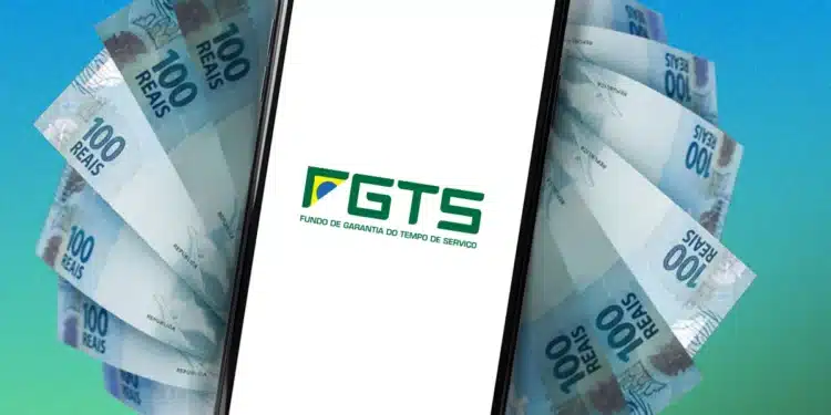 Imagem do saque-aniversário do FGTS 2026, com cédulas de R$100 e logo do FGTS no celular.