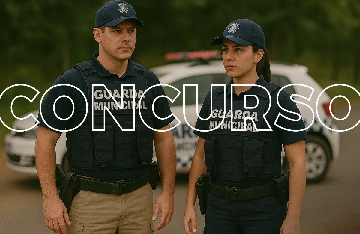 Prefeitura de Cataguases (MG): 55 vagas e inscrições até abril Dois guardas municipais fardados com colete e boné em frente a viatura oficial da corporação.