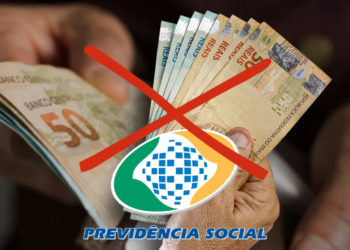 Cédulas de dinheiro e o logo da Previdência Social ilustrando a lei sancionada por Lula que impede descontos automáticos nos benefícios do INSS