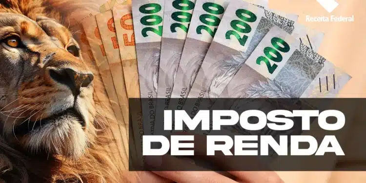 Mão segurando cédulas de reais com leão e logo da Receita Federal Fundo Imposto de Renda