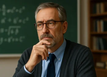 Professor com olhar pensativo em sala de aula, refletindo sobre implicações fiscais relacionadas ao reajuste do piso salarial de R$ 5.130,63.