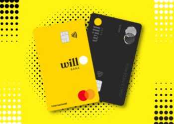 Cartões Will Bank nas versões amarela Internacional e preta Black sobrepostos em fundo amarelo com padrão gráfico.