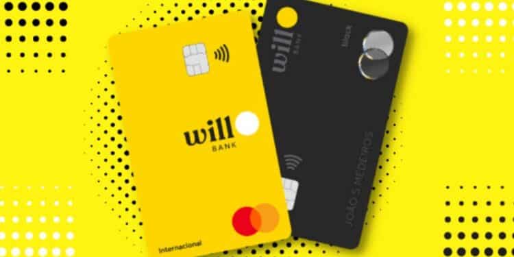Cartões Will Bank nas versões amarela Internacional e preta Black sobrepostos em fundo amarelo com padrão gráfico.