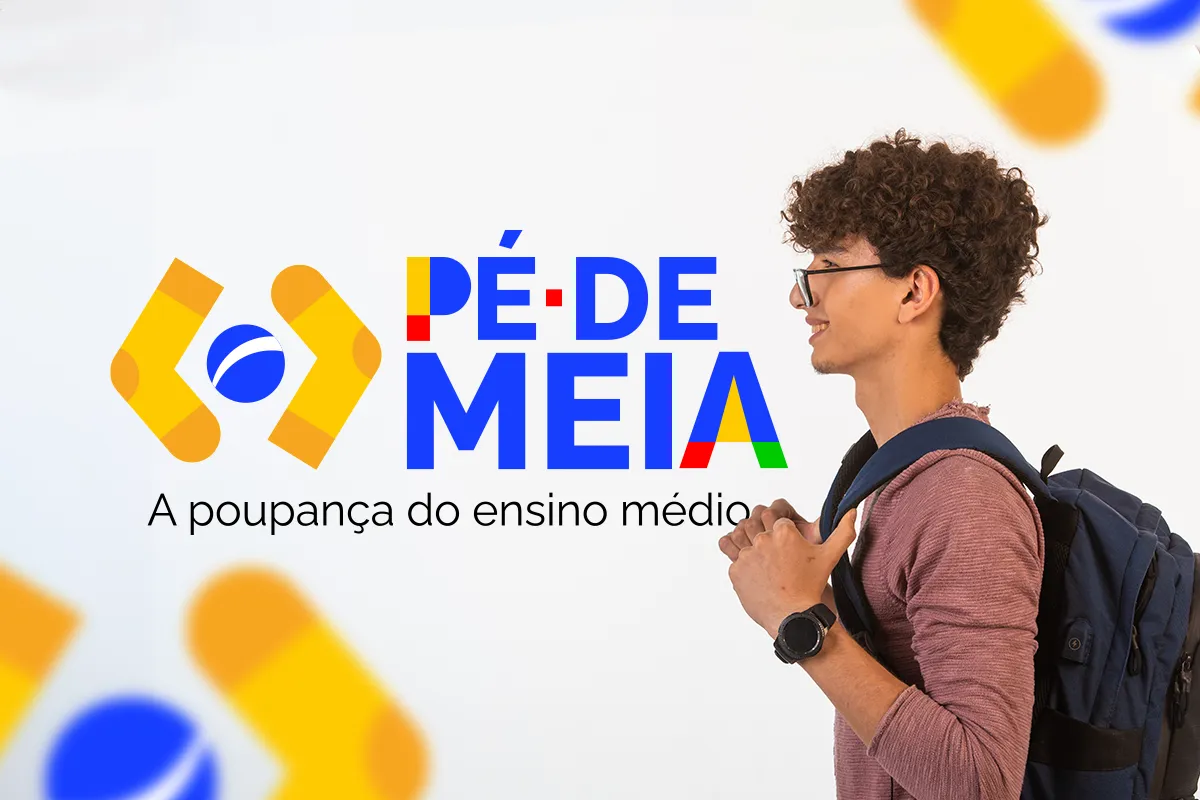 Mudanças no Pé-de-Meia: Novos critérios e mais beneficiários. Logo do Pé-de-Meia com jovem ao fundo, ilustrando as possíveis mudanças no programa de incentivo para estudantes em situação de vulnerabilidade social.