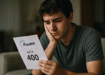 Jovem segurando resultado do ENEM com nota 400 e expressão de preocupação