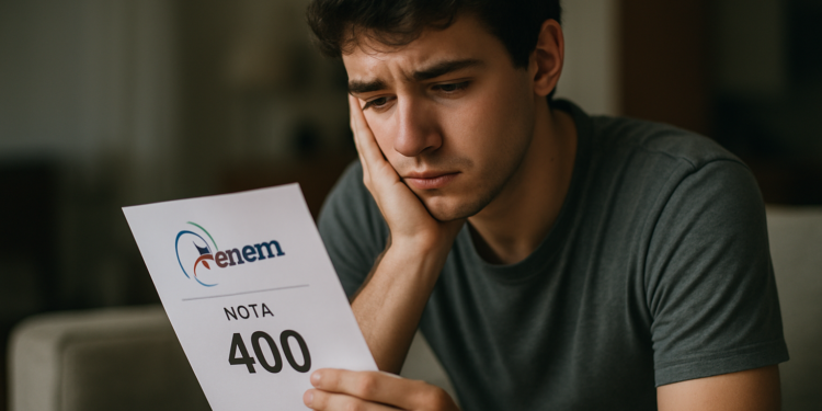 Jovem segurando resultado do ENEM com nota 400 e expressão de preocupação