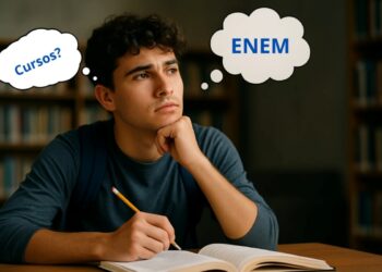 Um estudante pensativo, com duas bolhas de pensamento, uma sobre 'Cursos?' e outra sobre 'ENEM', simbolizando dúvidas sobre a pontuação no Enem