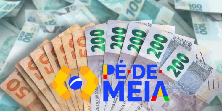 Pé-de-Meia 2026, com imagens de cédulas de dinheiro, representando o valor de R$ 1.050 disponível para estudantes do ensino médio via Sisu.