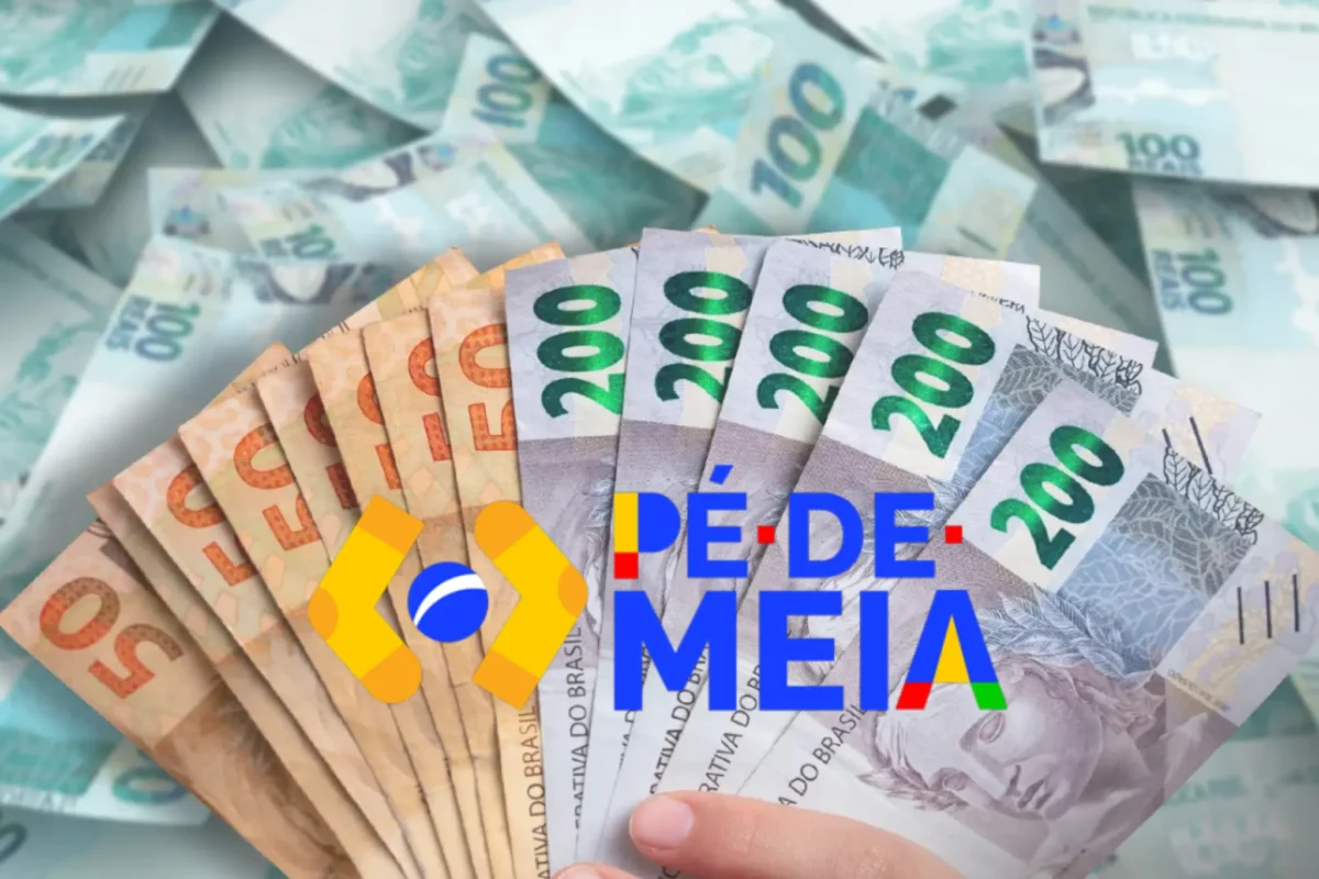 Benefício financeiro do programa Pé-de-Meia Cédulas de dinheiro com destaque para as notas de R$ 50 e R$ 200, ilustrando o benefício financeiro do programa Pé-de-Meia.