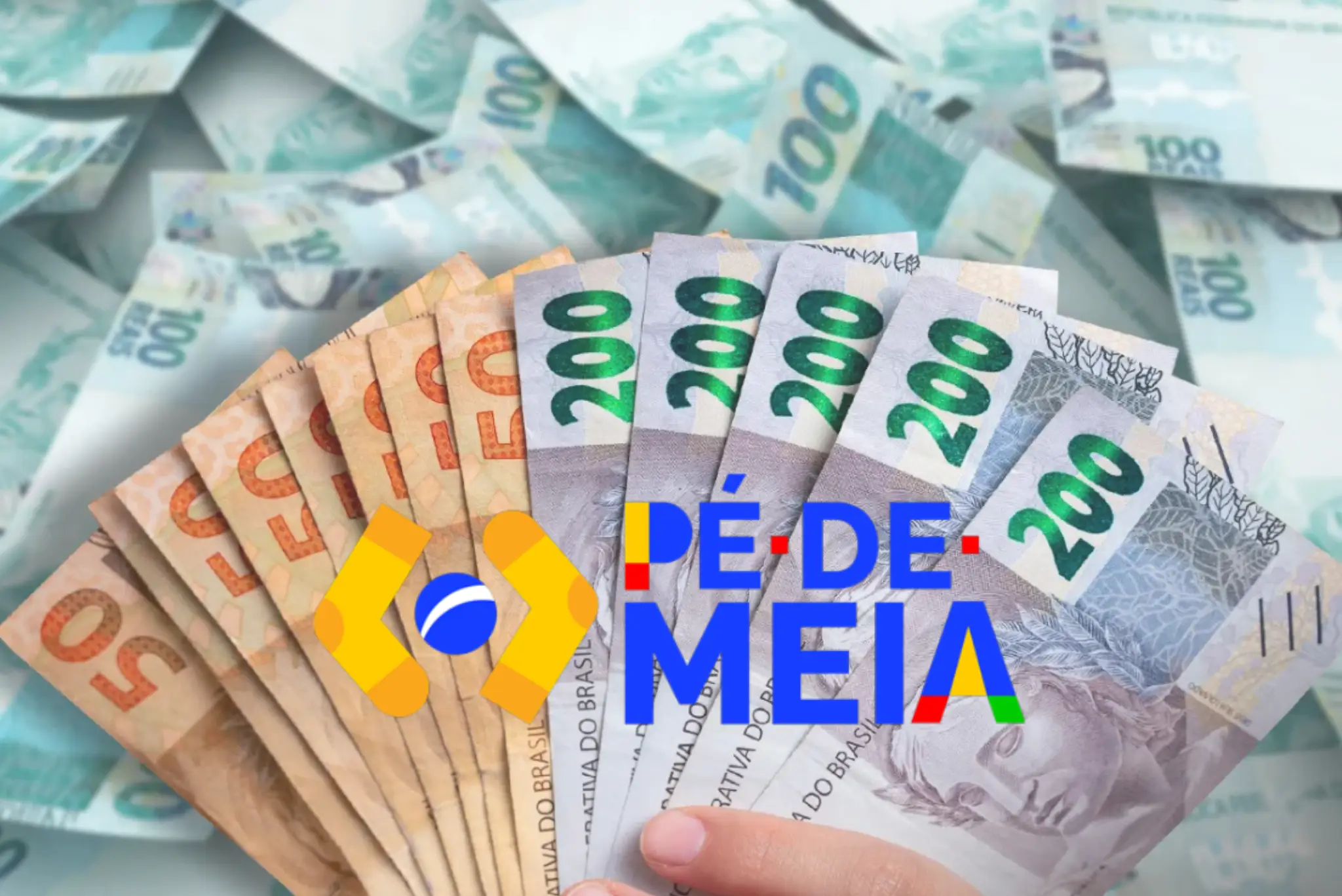 Pé-de-Meia Licenciaturas - Auxílio de R$ 1.050 notas de R$ 50, R$ 100 e R$ 200, com o logo do programa Pé-de-Meia e destaque para o auxílio de R$ 1.050.