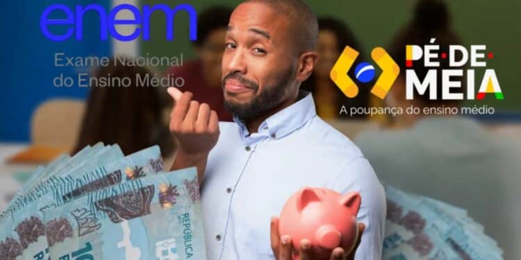 Imagem promocional sobre as notas do Enem e bônus do Pé-de-Meia, destacando um participante com dinheiro e um cofrinho.