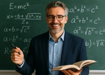 Professor de matemática sorrindo em frente a um quadro negro com fórmulas, representando o aumento do piso salarial dos professores anunciado para 2026.