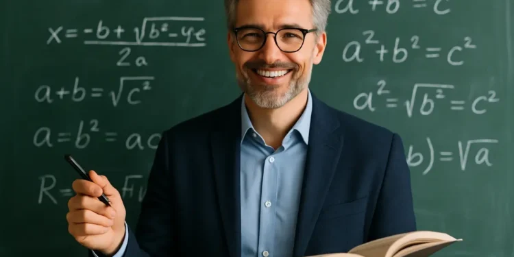 Professor de matemática sorrindo em frente a um quadro negro com fórmulas, representando o aumento do piso salarial dos professores anunciado para 2026.