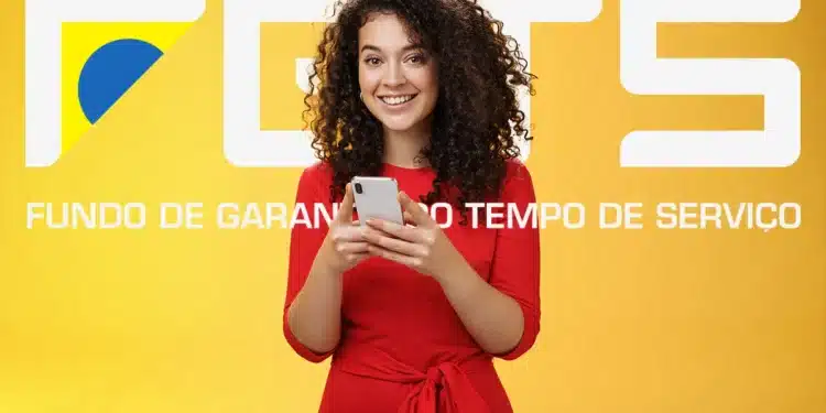 Mulher sorridente segurando celular em frente ao logotipo do FGTS com fundo amarelo.