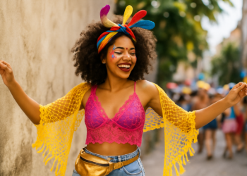 Jovem curtindo o carnaval de rua com fantasia colorida.