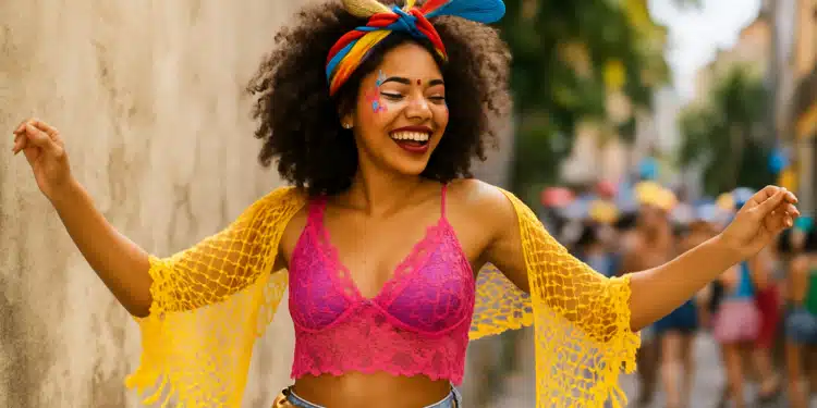 Jovem curtindo o carnaval de rua com fantasia colorida.