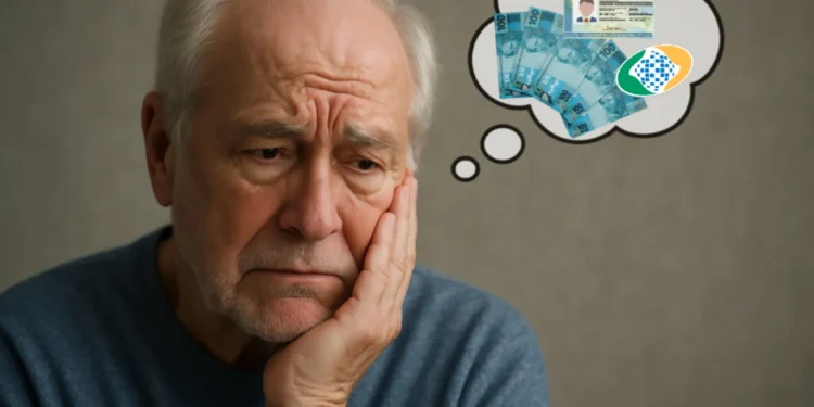 Homem idoso preocupado com aposentadoria do INSS, pensando na nova Carteira de Identidade, com imagem de cédulas de dinheiro e documento.
