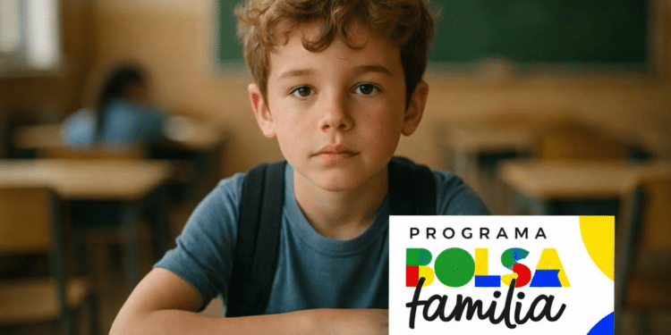 Menino estudante em sala de aula com logo do programa Bolsa Família