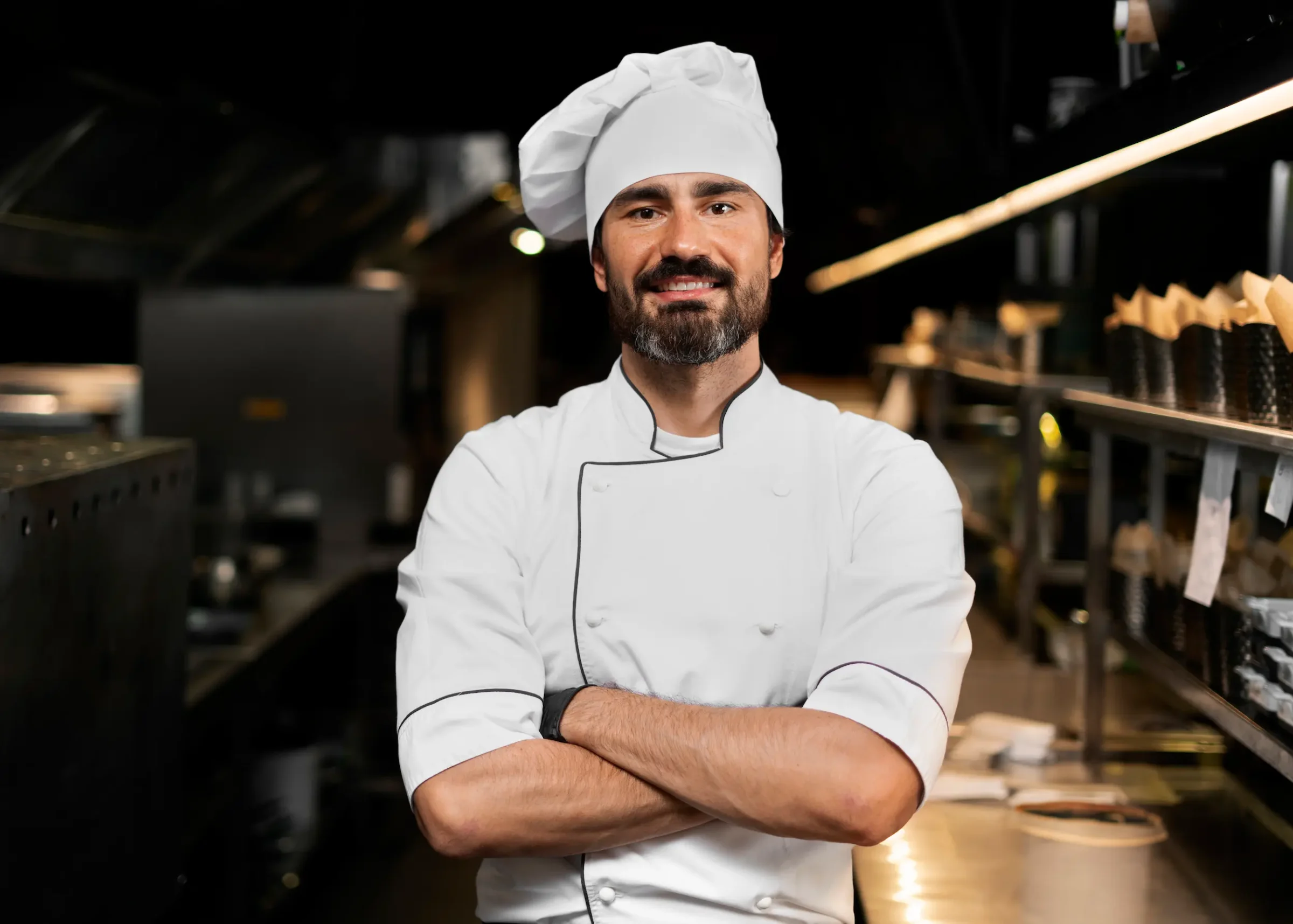 Chef de cozinha sem diploma universitário Chef de cozinha profissional em um restaurante, demonstrando como a experiência e a habilidade na gestão de uma cozinha são essenciais na carreira, mais do que o diploma universitário.