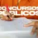 Pessoa de camisa laranja fazendo anotações com caneta vermelha em caderno com texto Concursos Públicos.