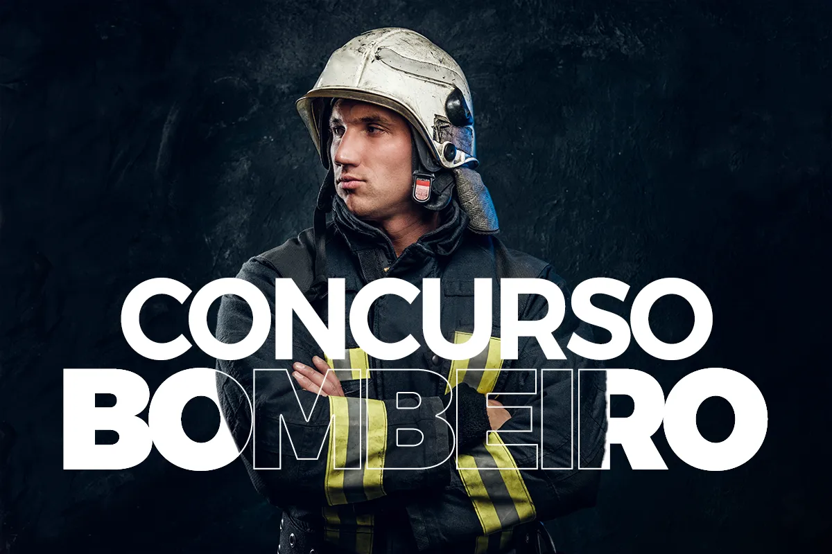 Concursos Bombeiros 2026 Bombeiro com uniforme e capacete, destaque para texto de concurso.