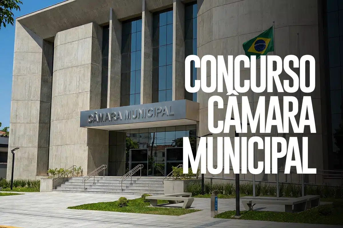 Concursos da Câmara Municipal 2026 Fachada moderna de uma Câmara Municipal com bandeira do Brasil e anúncio de concurso público 2026