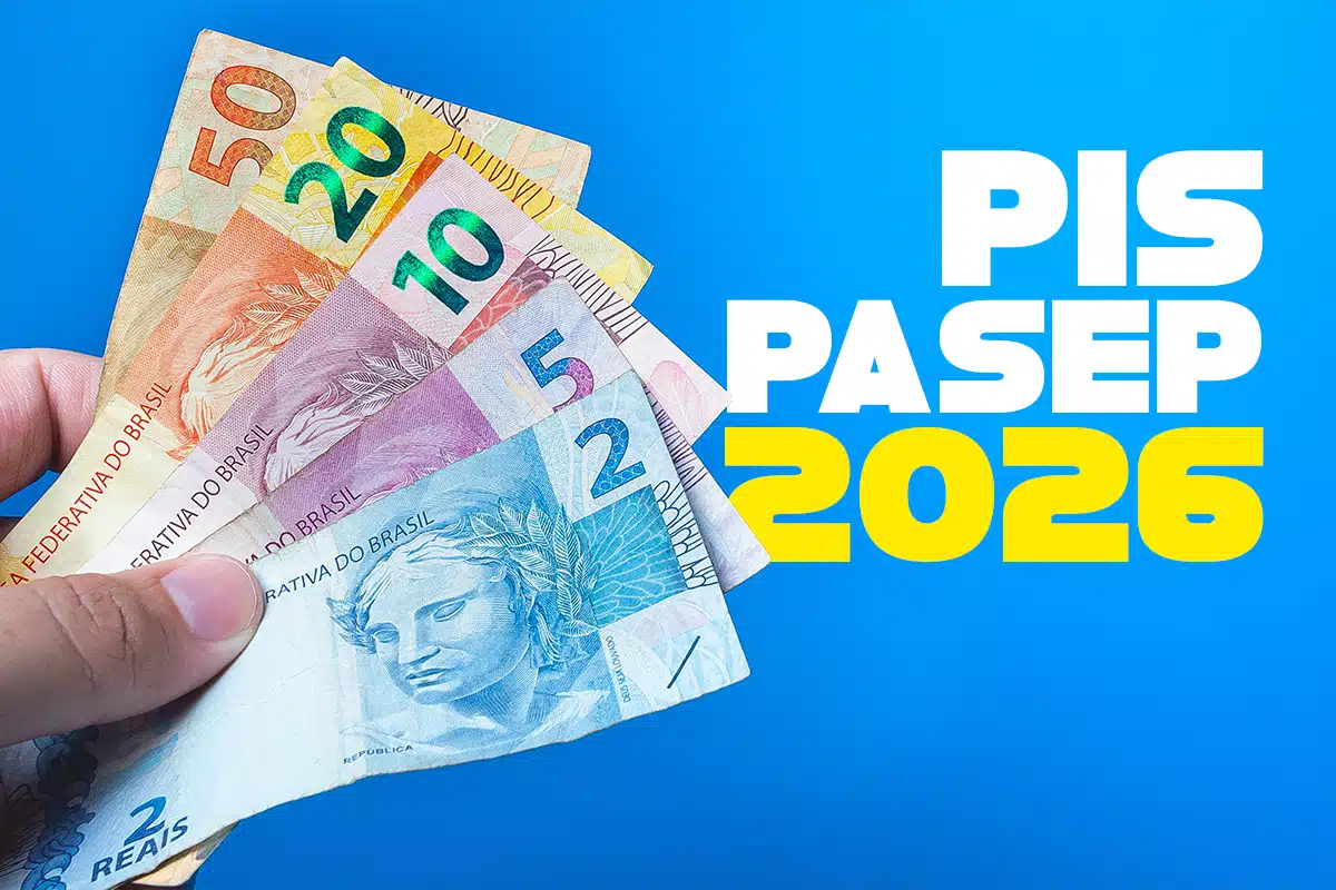 Ressarcimento do PIS/Pasep - Consulta e solicitação Cédulas de real sendo seguradas, com o texto “PIS/Pasep 2026” ao lado, representando a consulta e a solicitação do ressarcimento das cotas.