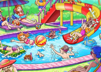 Ilustração colorida de piscina com crianças e adultos brincando e relaxando em dia de sol.