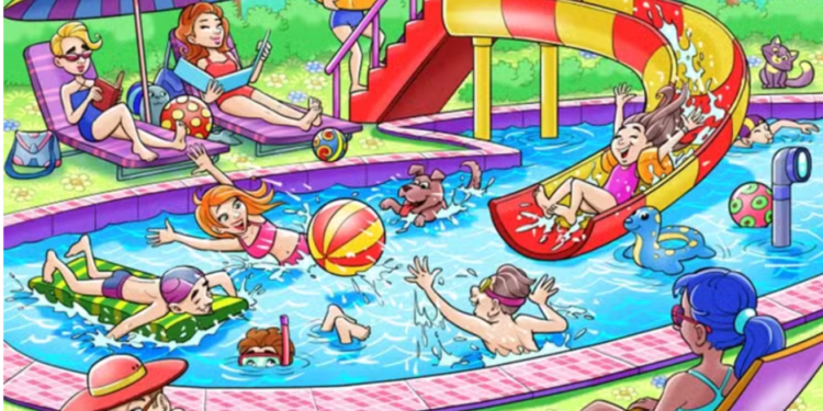 Ilustração colorida de piscina com crianças e adultos brincando e relaxando em dia de sol.