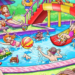 Ilustração colorida de piscina com crianças e adultos brincando e relaxando em dia de sol.