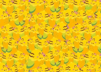 Imagem mostrando vários passarinhos amarelos com um abacaxi escondido.