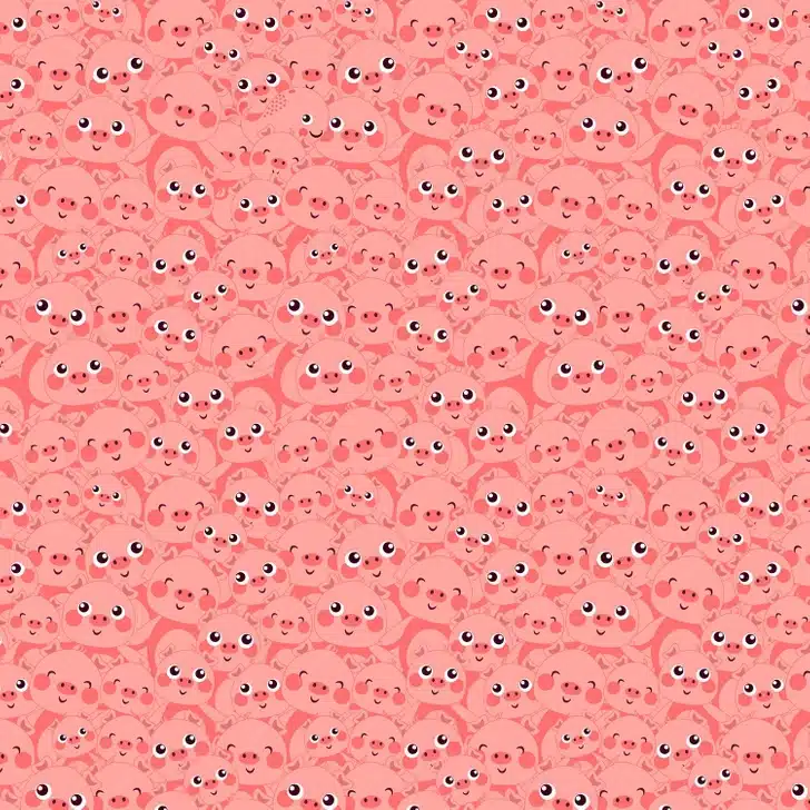 Ache a baleia camuflada entre diversos rostos de porquinhos. Desafio visual com um padrão repetido de rostos de porquinhos cor-de-rosa sorrindo