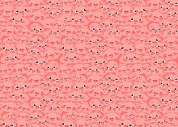 Desafio visual com um padrão repetido de rostos de porquinhos cor-de-rosa sorrindo