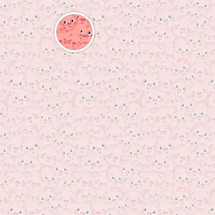 Ache a baleia escondida entre diversos porquinhos rosa em padrão repetido Desafio visual com um padrão repetido de rostos de porquinhos cor-de-rosa sorrindo