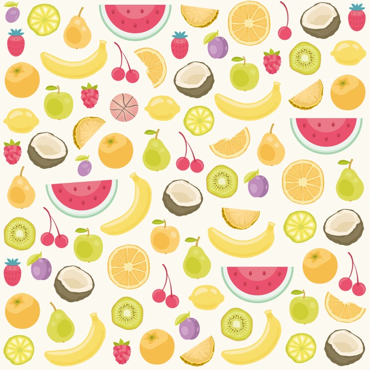 Desafio visual com diversas frutas coloridas como banana, melancia, laranja, kiwi, coco e cereja