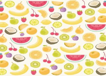 Desafio visual com diversas frutas coloridas como banana, melancia, laranja, kiwi, coco e cereja