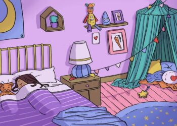 Desafio visual com uma criança dormindo em cama com urso de pelúcia em quarto decorado com itens coloridos