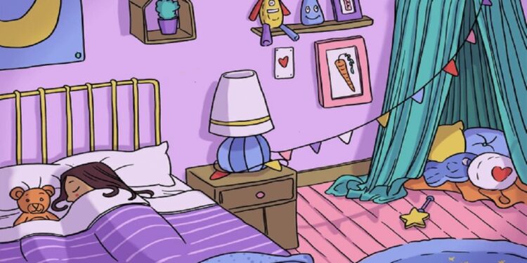 Desafio visual com uma criança dormindo em cama com urso de pelúcia em quarto decorado com itens coloridos