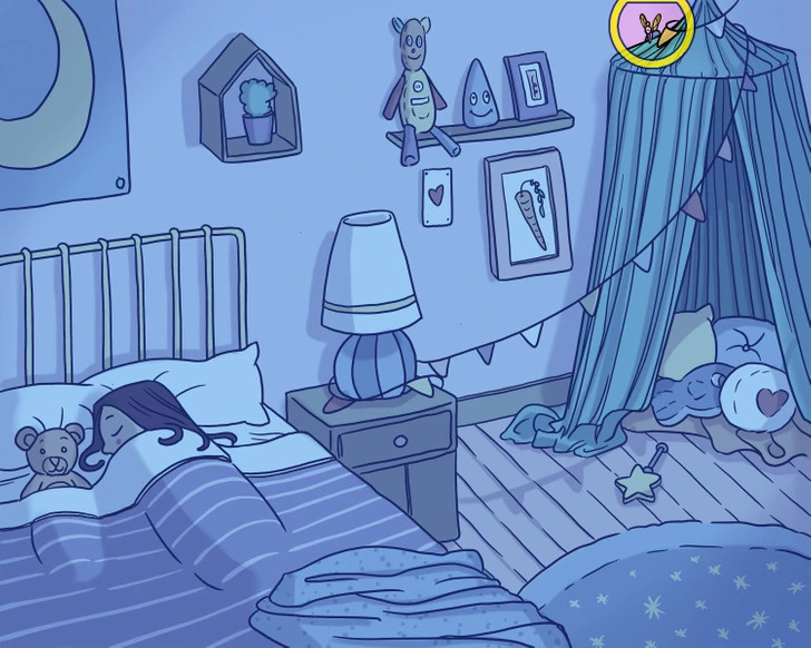 Ache a fada dos dentes escondida no quarto infantil com decoração lúdica Desafio visual com uma criança dormindo em cama com urso de pelúcia em quarto decorado com itens coloridos