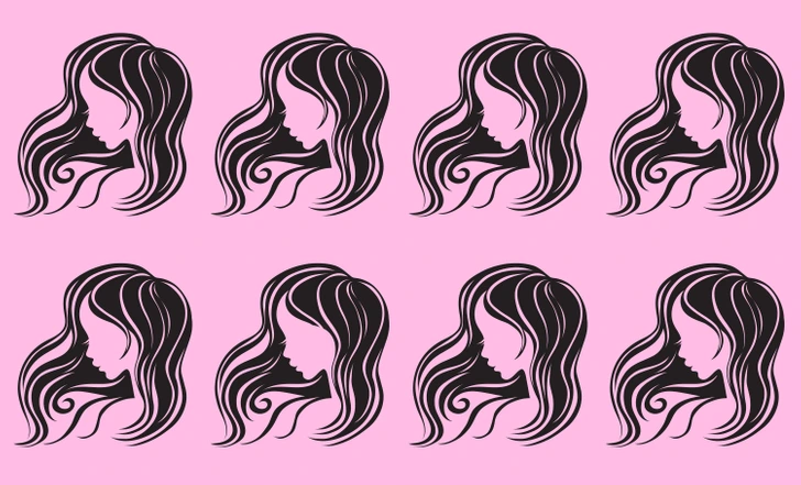 Ache silhueta diferente entre várias silhuetas femininas. Teste visual com ícones de silhuetas femininas com cabelo ondulado estilizado em fundo rosa