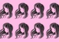 Teste visual com ícones de silhuetas femininas com cabelo ondulado estilizado em fundo rosa