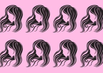 Teste visual com ícones de silhuetas femininas com cabelo ondulado estilizado em fundo rosa