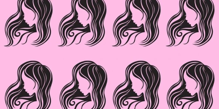 Teste visual com ícones de silhuetas femininas com cabelo ondulado estilizado em fundo rosa