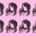 Teste visual com ícones de silhuetas femininas com cabelo ondulado estilizado em fundo rosa